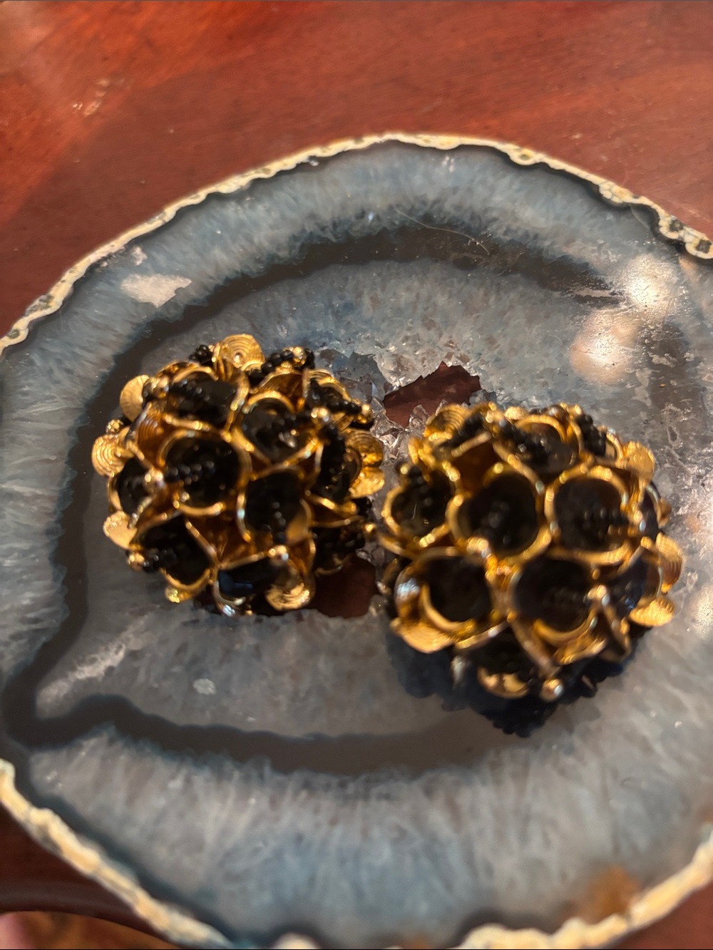 Hard to find VINTAGE Gold tone  and Black Cluster Flower Clip-On Earrings -